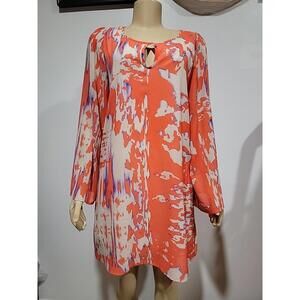 Everly Shift Dress Womens S Multi-Color Pullover Long Sleeve Keyhole Neck #CC